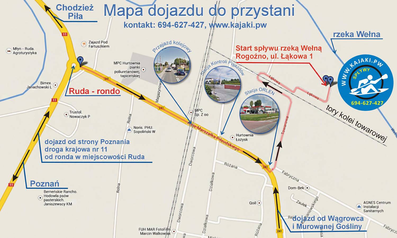 Mapa dojazdu do przystani kajakowej w Rogoźnie